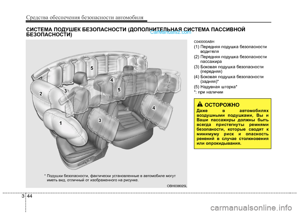 Hyundai Genesis 2010  Инструкция по эксплуатации (in Russian) Средства обеспечения безопасности автомобиля
44
3
C040000ABH 
(1) Передняя подушка безопасности
водителя
(2) Передня