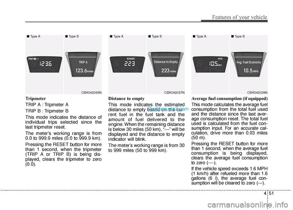 Hyundai Genesis Coupe 2016 Owners Manuals 451
Features of your vehicle
Tripmeter
TRIP A : Tripmeter A
TRIP B : Tripmeter B
This mode indicates the distance of
individual trips selected since the
last tripmeter reset.
The meters working range Hyundai Genesis Coupe 2016 Owners Manuals 451
Features of your vehicle
Tripmeter
TRIP A : Tripmeter A
TRIP B : Tripmeter B
This mode indicates the distance of
individual trips selected since the
last tripmeter reset.
The meters working range