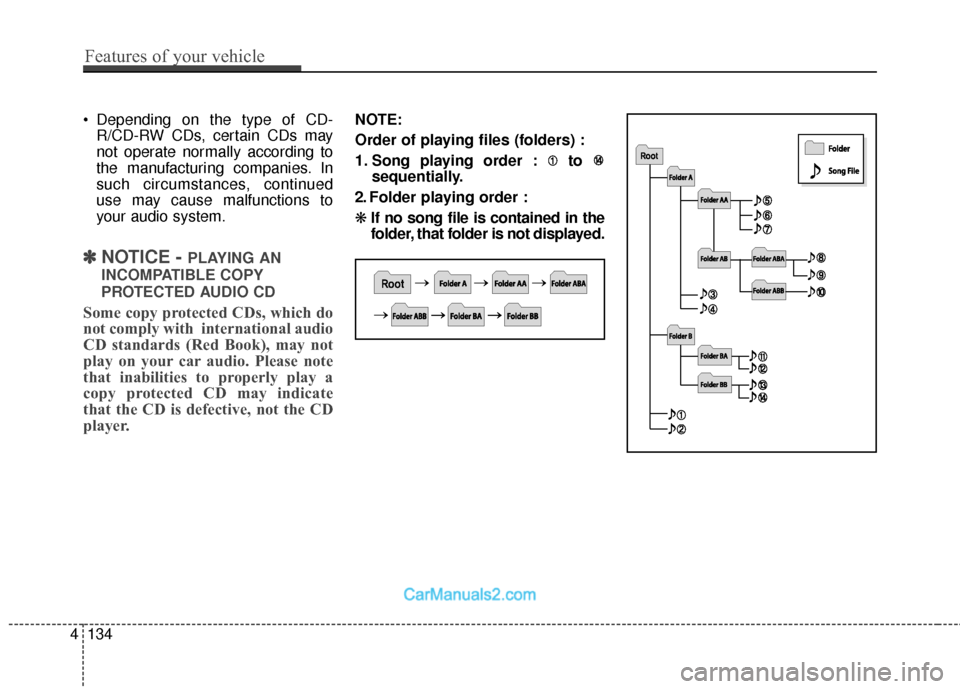 Hyundai Genesis Coupe 2016  Owners Manuals 4134
Features of your vehicle
 Depending on the type of CD-R/CD-RW CDs, certain CDs may
not operate normally according to
the manufacturing companies. In
such circumstances, continued
use may cause ma