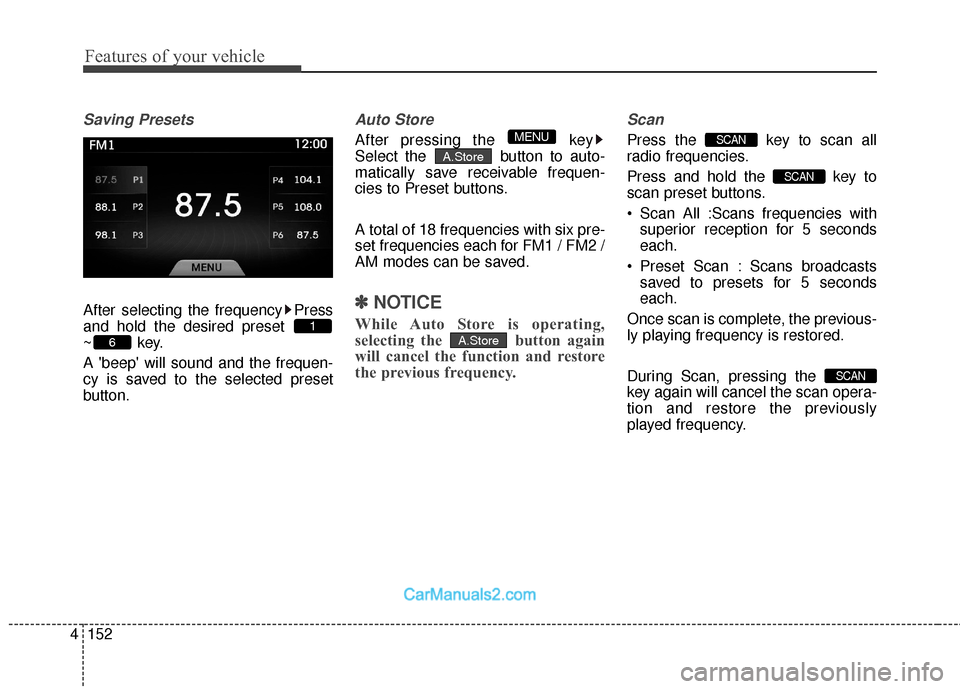 Hyundai Genesis Coupe 2016  Owners Manuals Features of your vehicle
152
4
Saving Presets
After selecting the frequency Press
and hold the desired preset 
~key.
A beep will sound and the frequen-
cy is saved to the selected preset
button.
Aut