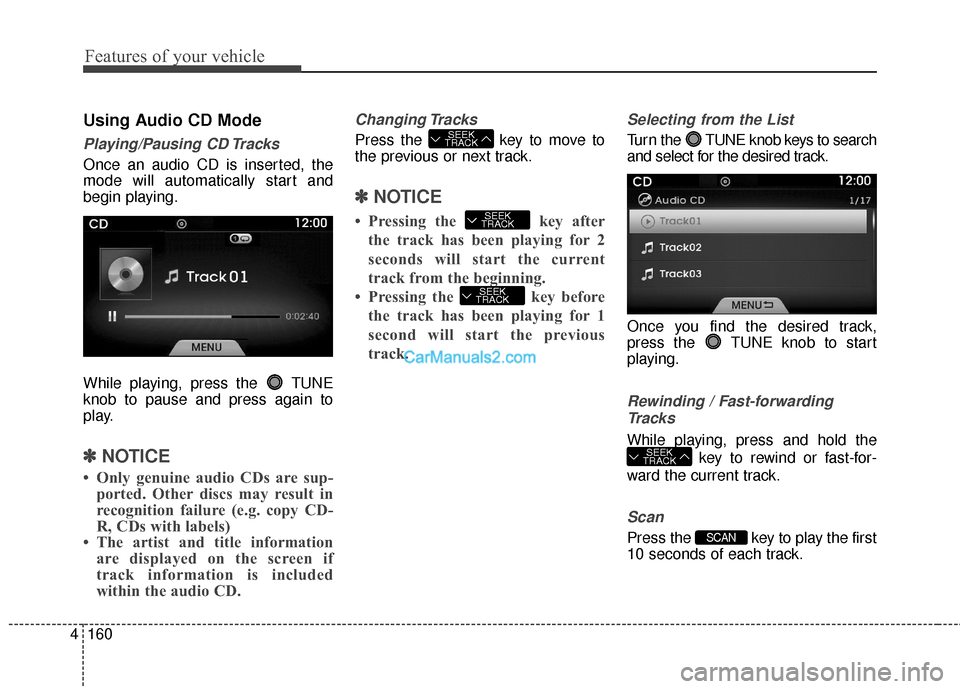 Hyundai Genesis Coupe 2016  Owners Manuals Features of your vehicle
160
4
Using Audio CD Mode
Playing/Pausing CD Tracks
Once an audio CD is inserted, the
mode will automatically start and
begin playing.
While playing, press the  TUNE
knob to p