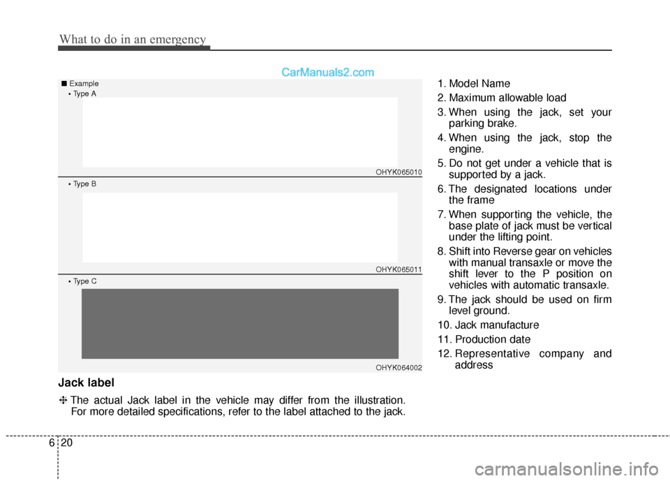 Hyundai Genesis Coupe 2016 Owners Manuals What to do in an emergency
20
6
Jack label
1. Model Name
2. Maximum allowable load
3. When using the jack, set your
parking brake.
4. When using the jack, stop the engine.
5. Do not get under a vehicl Hyundai Genesis Coupe 2016 Owners Manuals What to do in an emergency
20
6
Jack label
1. Model Name
2. Maximum allowable load
3. When using the jack, set your
parking brake.
4. When using the jack, stop the engine.
5. Do not get under a vehicl