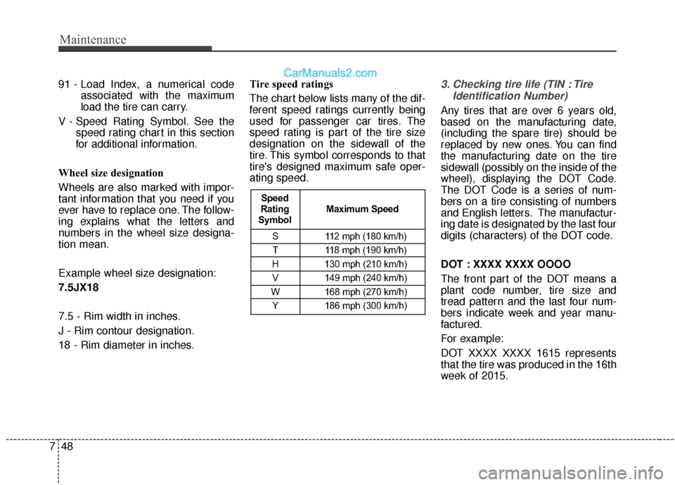 Hyundai Genesis Coupe 2016  Owners Manuals Maintenance
48
7
91 - Load Index, a numerical code
associated with the maximum
load the tire can carry.
V - Speed Rating Symbol. See the speed rating chart in this section
for additional information.
