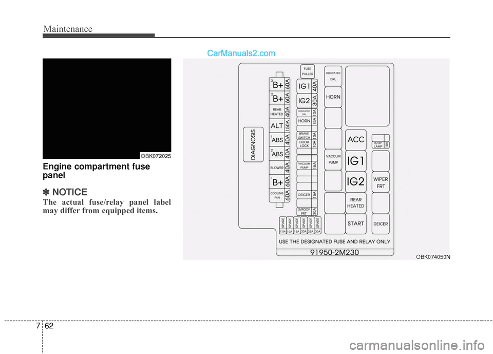 Hyundai Genesis Coupe 2016 Owners Manuals Maintenance
62
7
Engine compartment fuse
panel
✽ ✽
NOTICE
The actual fuse/relay panel label
may differ from equipped items.
OBK072025
OBK074050N Hyundai Genesis Coupe 2016 Owners Manuals Maintenance
62
7
Engine compartment fuse
panel
✽ ✽
NOTICE
The actual fuse/relay panel label
may differ from equipped items.
OBK072025
OBK074050N
