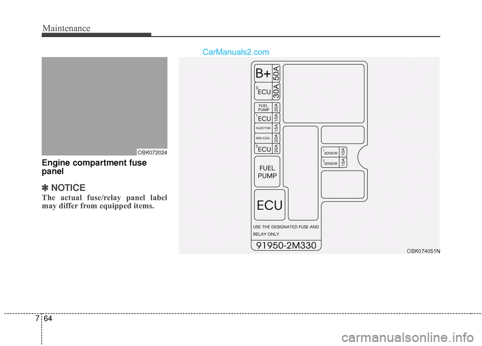 Hyundai Genesis Coupe 2016 Owners Manuals Maintenance
64
7
Engine compartment fuse
panel
✽ ✽
NOTICE
The actual fuse/relay panel label
may differ from equipped items.
OBK072024
OBK074051N Hyundai Genesis Coupe 2016 Owners Manuals Maintenance
64
7
Engine compartment fuse
panel
✽ ✽
NOTICE
The actual fuse/relay panel label
may differ from equipped items.
OBK072024
OBK074051N