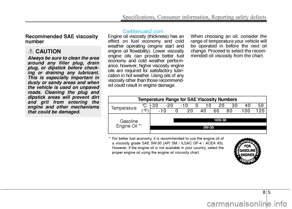 Hyundai Genesis Coupe 2016  Owners Manuals Recommended SAE viscosity
number   Engine oil viscosity (thickness) has an
effect on fuel economy and cold
weather operating (engine start and
engine oil flowability). Lower viscosity
engine oils can 