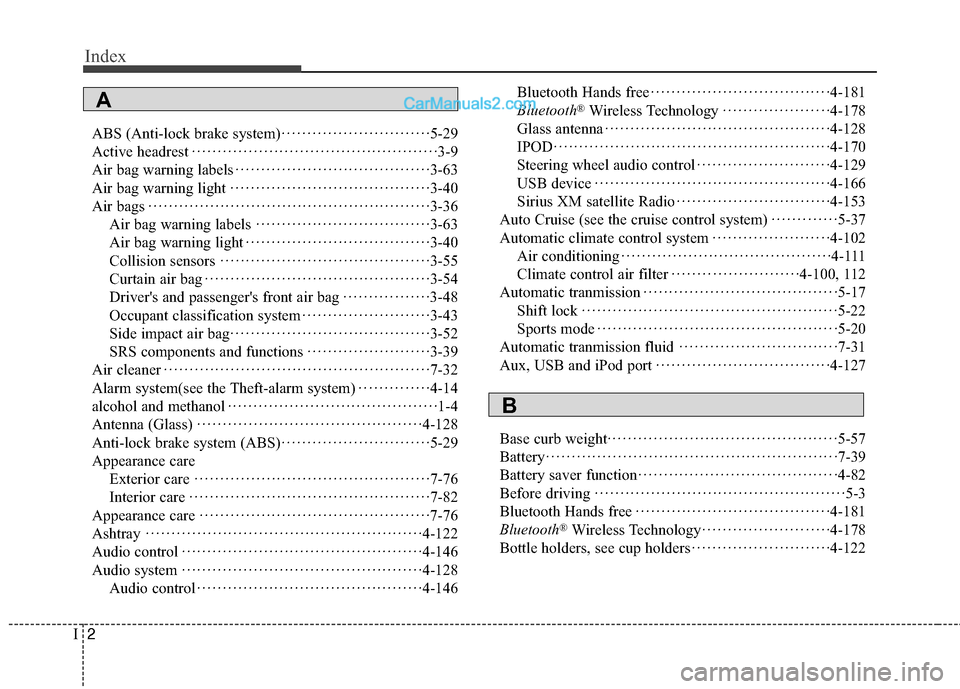 Hyundai Genesis Coupe 2016 s Owners Guide Index
2I
ABS (Anti-lock brake system)··················\
···········5-29
Active headrest ··················\
··················\
··· Hyundai Genesis Coupe 2016 s Owners Guide Index
2I
ABS (Anti-lock brake system)··················\
···········5-29
Active headrest ··················\
··················\
···