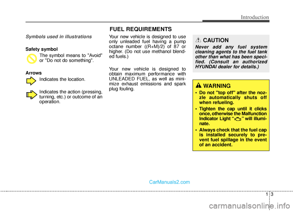 Hyundai Genesis Coupe 2016  Owners Manuals 13
Introduction
Symbols used in illustrations
Safety symbol The symbol means to "Avoid"
or "Do not do something".
Arrows Indicates the location.
Indicates the action (pressing,
turning, etc.) or outco