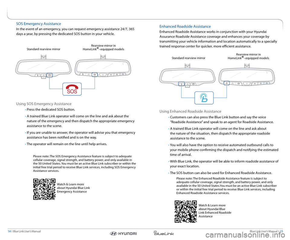Hyundai Genesis Coupe 2016  Gen 1 Blue Link Navigation Manual Blue link User’s Manual  I  15
14  I   Blue link User’s Manual
sOs emergency a ssistance
In the event of an emergency, you can request emergency assistance 24/7, 365 
days a year, by pressing the 