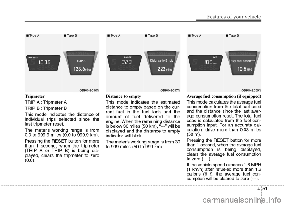 Hyundai Genesis Coupe 2015  Owners Manual 451
Features of your vehicle
Tripmeter
TRIP A : Tripmeter A
TRIP B : Tripmeter B
This mode indicates the distance of
individual trips selected since the
last tripmeter reset.
The meters working range