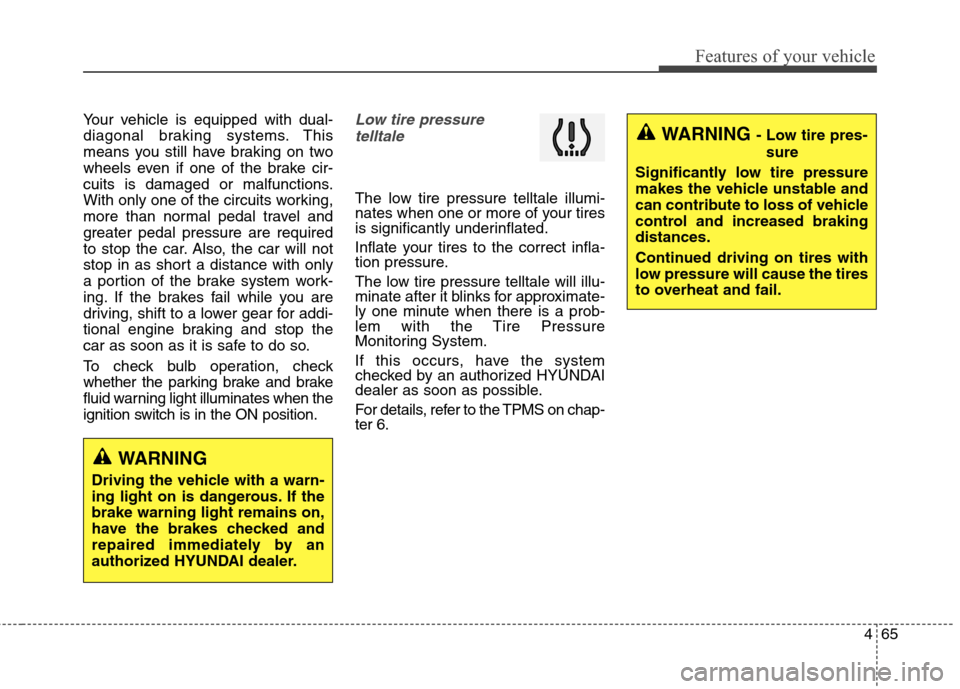 Hyundai Genesis Coupe 2015 Owners Manual 465
Features of your vehicle
WARNING - Low tire pres-
sure
Significantly low tire pressure
makes the vehicle unstable and
can contribute to loss of vehicle
control and increased braking
distances.
Con Hyundai Genesis Coupe 2015 Owners Manual 465
Features of your vehicle
WARNING - Low tire pres-
sure
Significantly low tire pressure
makes the vehicle unstable and
can contribute to loss of vehicle
control and increased braking
distances.
Con