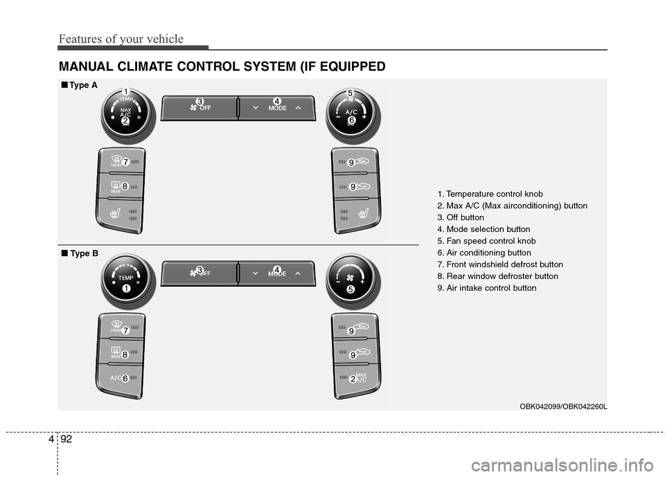 Hyundai Genesis Coupe 2015 Owners Manual Features of your vehicle
92 4
MANUAL CLIMATE CONTROL SYSTEM (IF EQUIPPED
1. Temperature control knob
2. Max A/C (Max airconditioning) button
3. Off button
4. Mode selection button
5. Fan speed contro Hyundai Genesis Coupe 2015 Owners Manual Features of your vehicle
92 4
MANUAL CLIMATE CONTROL SYSTEM (IF EQUIPPED
1. Temperature control knob
2. Max A/C (Max airconditioning) button
3. Off button
4. Mode selection button
5. Fan speed contro