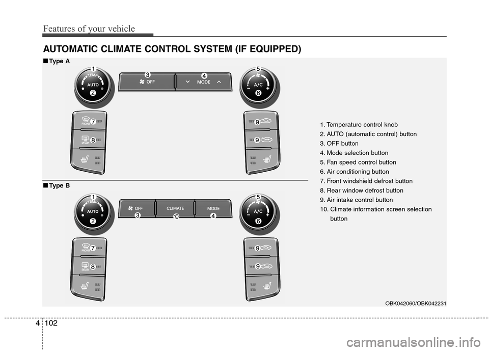 Hyundai Genesis Coupe 2015  Owners Manual Features of your vehicle
102 4
AUTOMATIC CLIMATE CONTROL SYSTEM (IF EQUIPPED)
1. Temperature control knob
2. AUTO (automatic control) button
3. OFF button
4. Mode selection button
5. Fan speed control