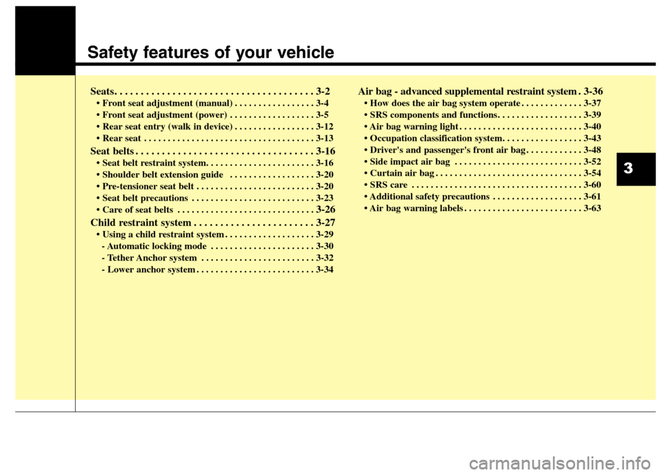 Hyundai Genesis Coupe 2015  Owners Manual Safety features of your vehicle
Seats. . . . . . . . . . . . . . . . . . . . . . . . . . . . . . . . . . . . . . 3-2
• Front seat adjustment (manual) . . . . . . . . . . . . . . . . . 3-4
 . . . . .