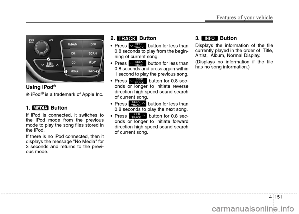 Hyundai Genesis Coupe 2015  Owners Manual 4151
Features of your vehicle
Using iPod®
❋iPod®is a trademark of Apple Inc.
1. Button 
If iPod is connected, it switches to
the iPod mode from the previous
mode to play the song files stored in
t