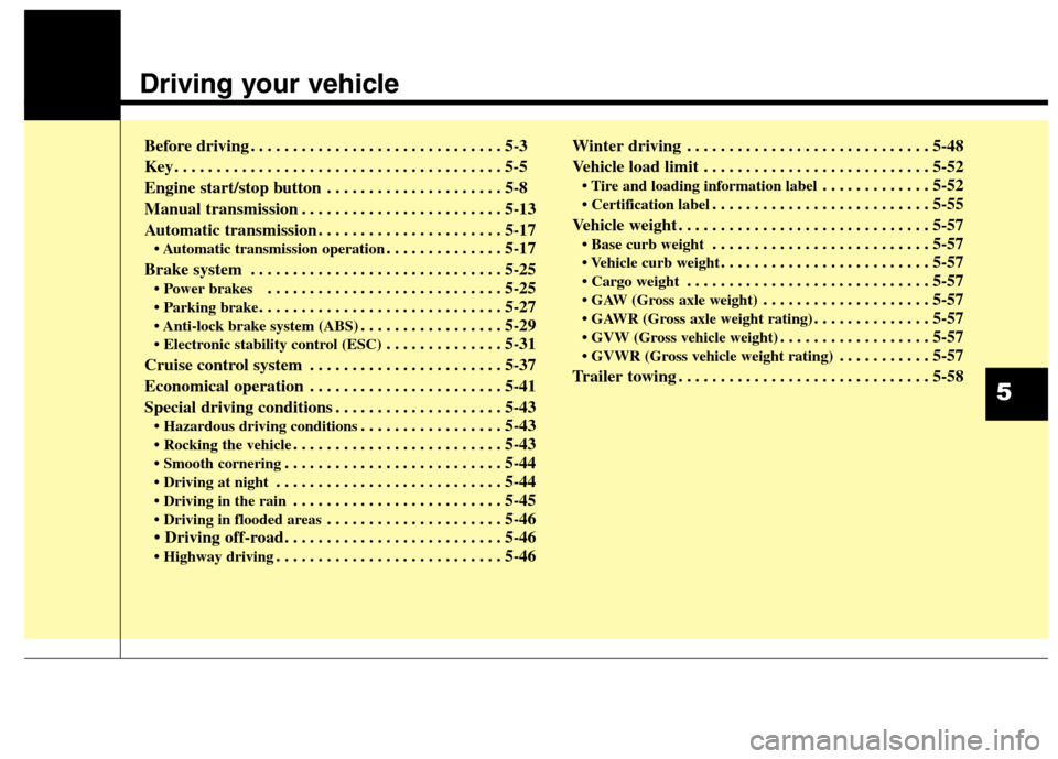 Hyundai Genesis Coupe 2015  Owners Manual Driving your vehicle  
Before driving . . . . . . . . . . . . . . . . . . . . . . . . . . . . . . 5-3
Key . . . . . . . . . . . . . . . . . . . . . . . . . . . . . . . . . . . . . . . 5-5
Engine start