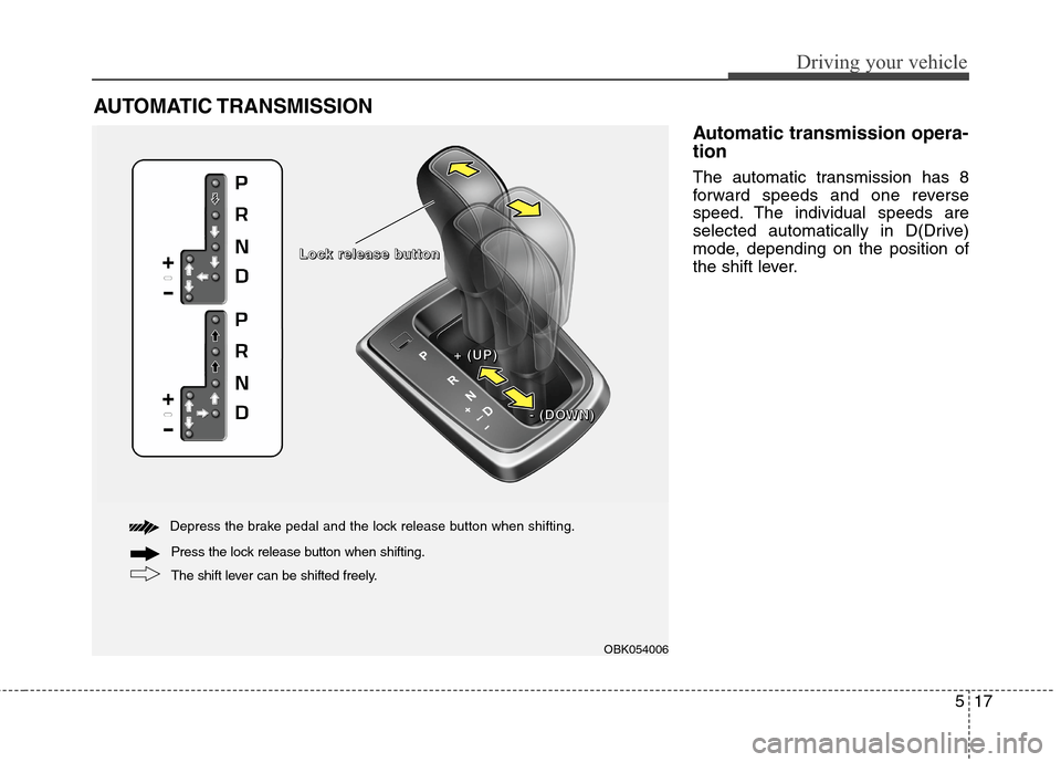 Hyundai Genesis Coupe 2015  Owners Manual 517
Driving your vehicle
Automatic transmission opera-
tion
The automatic transmission has 8
forward speeds and one reverse
speed. The individual speeds are
selected automatically in D(Drive)
mode, de