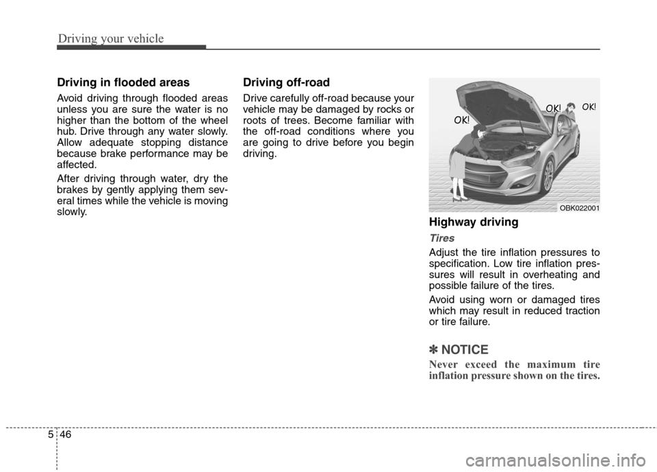 Hyundai Genesis Coupe 2015  Owners Manual Driving your vehicle
46 5
Driving in flooded areas  
Avoid driving through flooded areas
unless you are sure the water is no
higher than the bottom of the wheel
hub. Drive through any water slowly.
Al