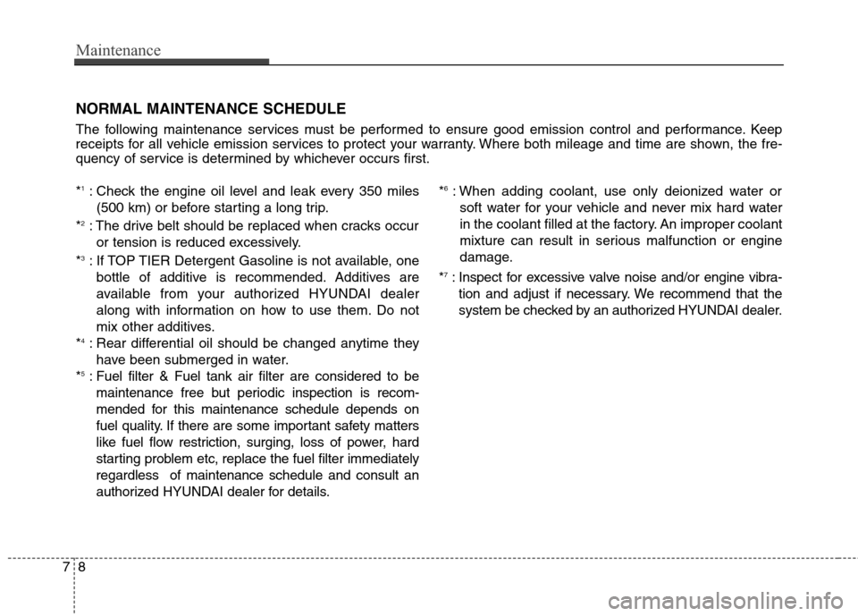 Hyundai Genesis Coupe 2015 User Guide Maintenance
8 7
NORMAL MAINTENANCE SCHEDULE
The following maintenance services must be performed to ensure good emission control and performance. Keep
receipts for all vehicle emission services to pro