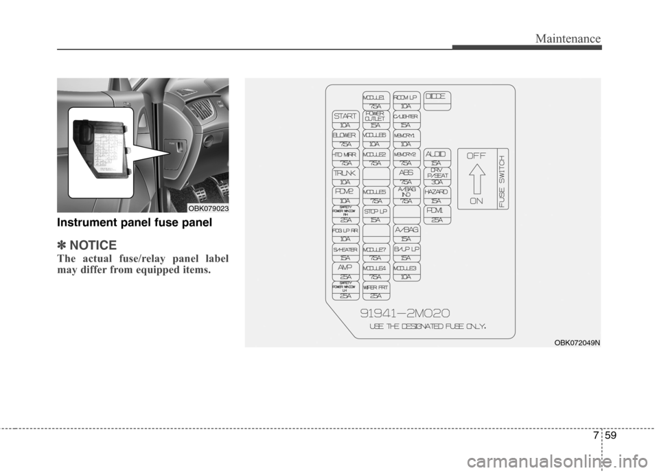 Hyundai Genesis Coupe 2015  Owners Manual 759
Maintenance
Instrument panel fuse panel
✽ ✽
NOTICE
The actual fuse/relay panel label
may differ from equipped items.
OBK072049N
OBK079023 