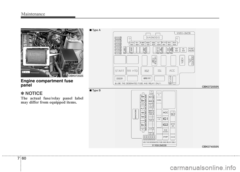 Hyundai Genesis Coupe 2015  Owners Manual Maintenance
60 7
Engine compartment fuse
panel
✽ ✽
NOTICE
The actual fuse/relay panel label
may differ from equipped items.
OBK072050N
OBK074050N
OBK072025■Type A
■Type B 