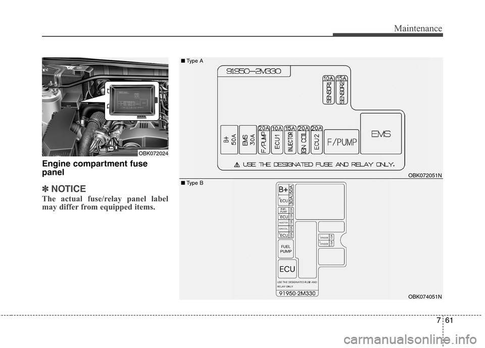 Hyundai Genesis Coupe 2015  Owners Manual 761
Maintenance
Engine compartment fuse
panel
✽ ✽
NOTICE
The actual fuse/relay panel label
may differ from equipped items.
OBK072024
OBK072051N
OBK074051N ■Type A
■Type B 