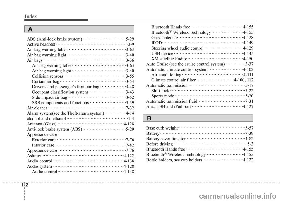 Hyundai Genesis Coupe 2015  Owners Manual Index
2I
ABS (Anti-lock brake system)·····························5-29
Active headrest··········································