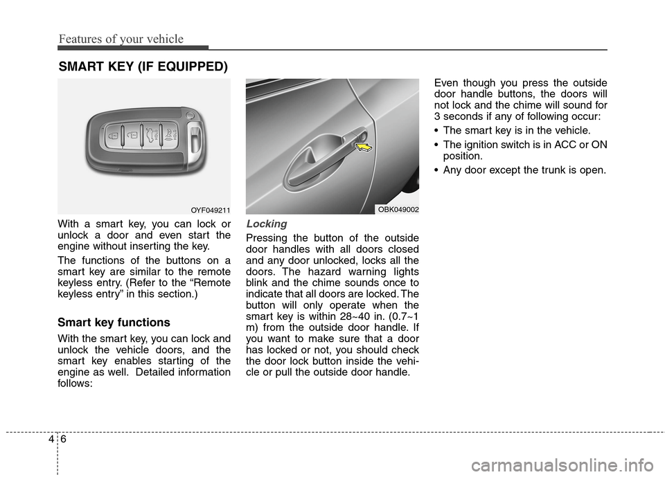 Hyundai Genesis Coupe 2015  Owners Manual Features of your vehicle
6 4
SMART KEY (IF EQUIPPED)
With a smart key, you can lock or
unlock a door and even start the
engine without inserting the key.
The functions of the buttons on a
smart key ar