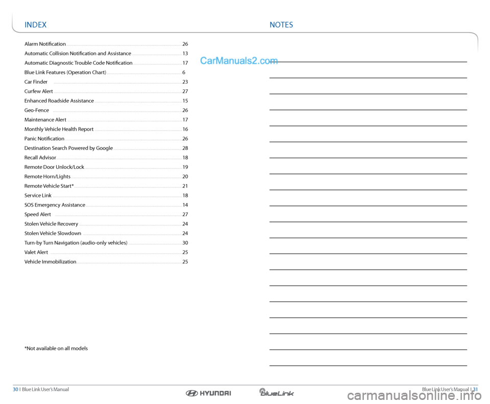Hyundai Genesis Coupe 2015  Blue Link Audio Manual Blue link User’s Manual   i  31
30  i   Blue link User’s Manual
alarm notification ........................................................................\
............................... 26
a ut