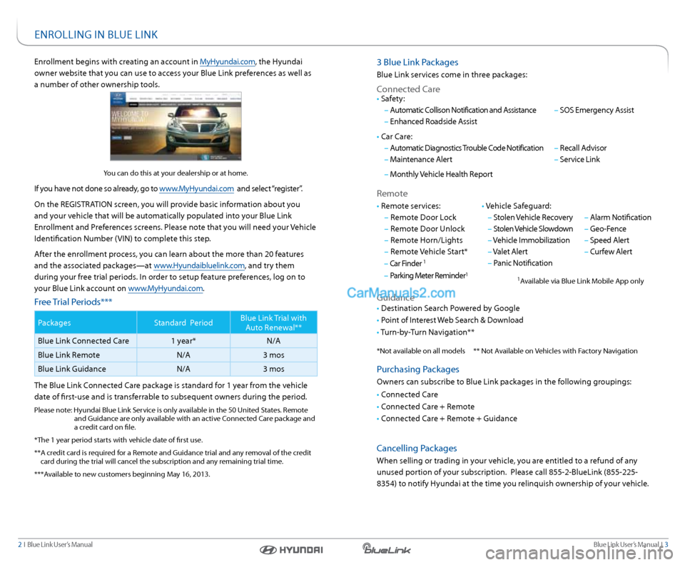Hyundai Genesis Coupe 2015 Blue Link Audio Manual Blue link User’s Manual i 3
2 i Blue link User’s Manual
enrollment begins with creating an account in MyHyundai.com, the Hyundai
owner website that you can use to access your Blue link pref Hyundai Genesis Coupe 2015 Blue Link Audio Manual Blue link User’s Manual i 3
2 i Blue link User’s Manual
enrollment begins with creating an account in MyHyundai.com, the Hyundai
owner website that you can use to access your Blue link pref