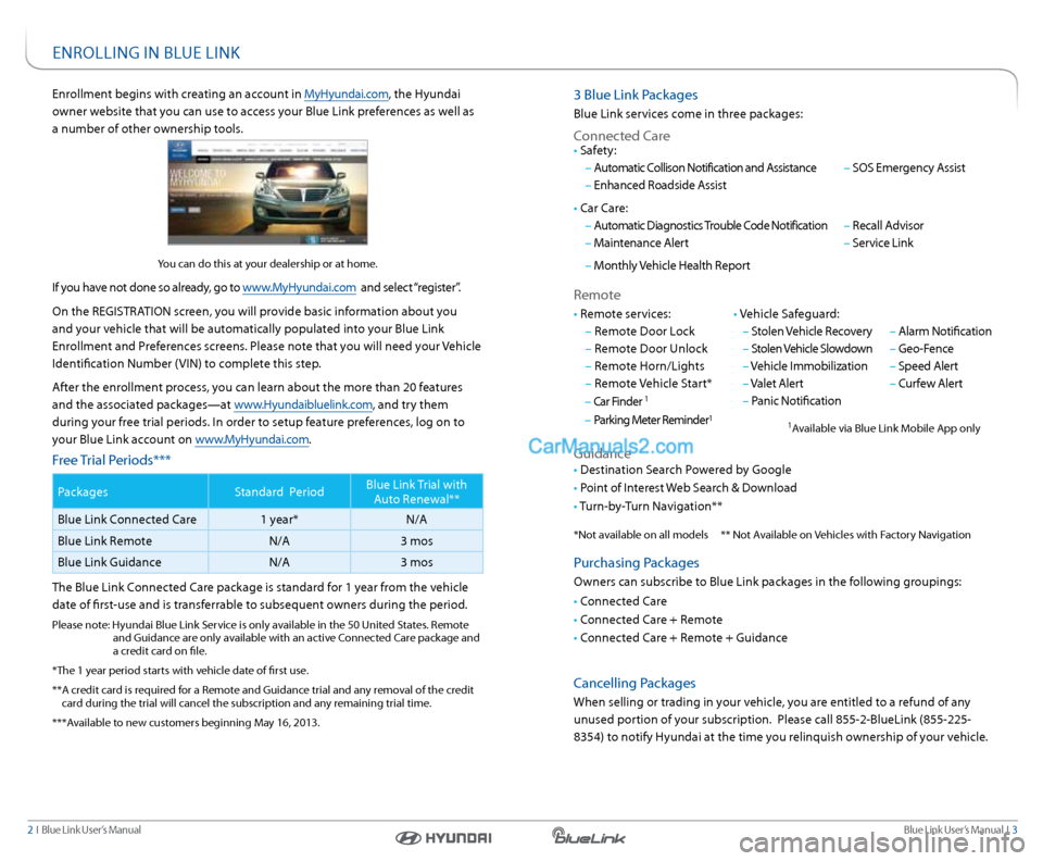 Hyundai Genesis Coupe 2015  Blue Link Audio Manual Blue link User’s Manual   i  3
2  i   Blue link User’s Manual
enrollment begins with creating an account in MyHyundai.com, the Hyundai 
owner website that you can use to access your Blue link pref