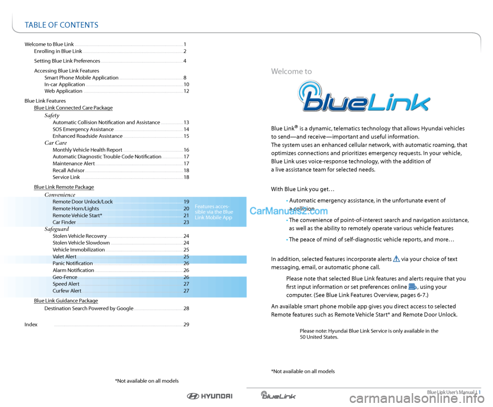 Hyundai Genesis Coupe 2015  Blue Link Navigation Manual Blue link User’s Manual  I  1
Welcome to Blue link  ........................................................................\
........................ 1
  enrolling in Blue link ....................