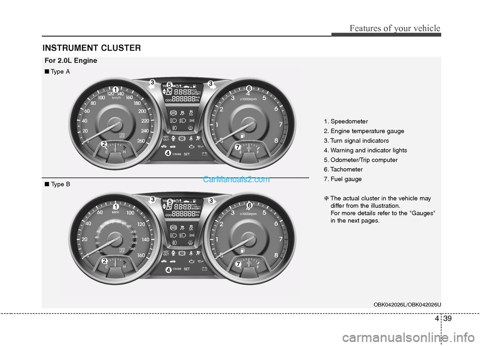 Hyundai Genesis Coupe 2013  Owners Manual 439
Features of your vehicle
INSTRUMENT CLUSTER
OBK042026L/OBK042026U
■Type A
■  Type B 1. Speedometer 
2. Engine temperature gauge
3. Turn signal indicators
4. Warning and indicator lights
5. Odo