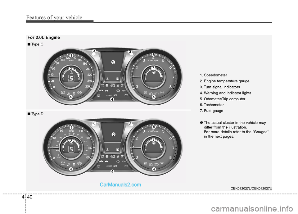 Hyundai Genesis Coupe 2013  Owners Manual Features of your vehicle
40
4
OBK042027L/OBK042027U
■ Type C
■  Type D 1. Speedometer 
2. Engine temperature gauge
3. Turn signal indicators
4. Warning and indicator lights
5. Odometer/Trip comput