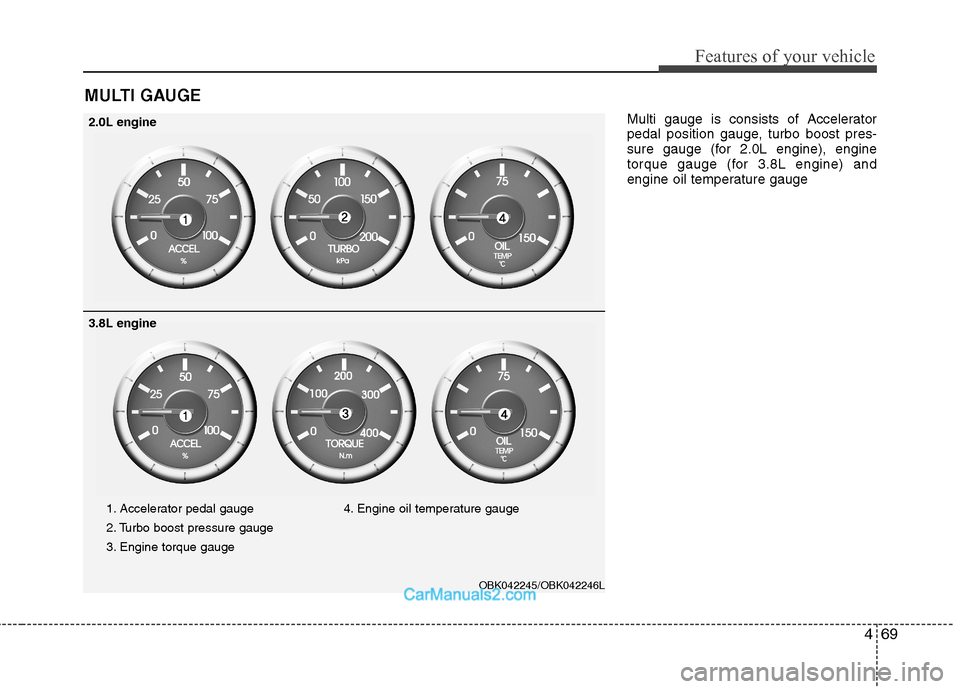 Hyundai Genesis Coupe 2013 Owners Manual 469
Features of your vehicle
Multi gauge is consists of Accelerator
pedal position gauge, turbo boost pres-
sure gauge (for 2.0L engine), engine
torque gauge (for 3.8L engine) and
engine oil temperat Hyundai Genesis Coupe 2013 Owners Manual 469
Features of your vehicle
Multi gauge is consists of Accelerator
pedal position gauge, turbo boost pres-
sure gauge (for 2.0L engine), engine
torque gauge (for 3.8L engine) and
engine oil temperat