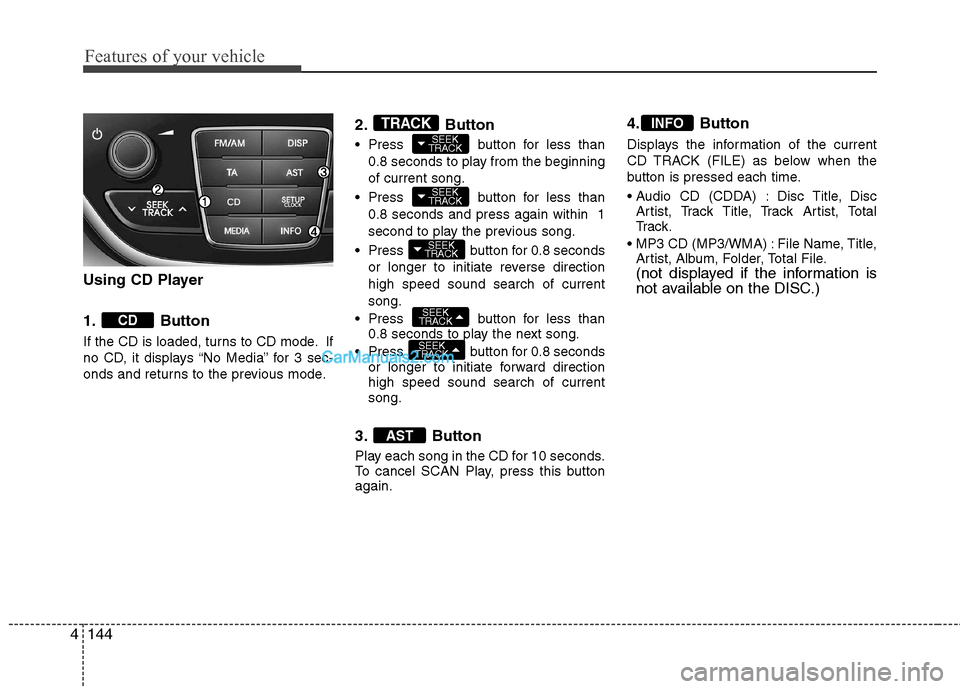 Hyundai Genesis Coupe 2013  Owners Manual Features of your vehicle
144
4
Using CD Player 
1. Button  
If the CD is loaded, turns to CD mode. If 
no CD, it displays “No Media” for 3 sec-
onds and returns to the previous mode. 2. Button 
 P