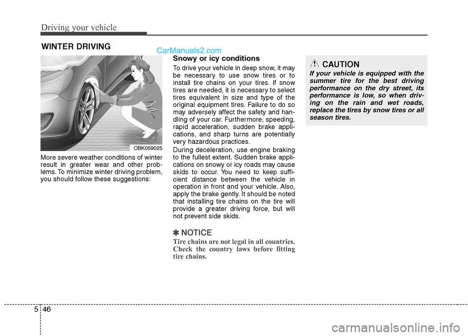 Hyundai Genesis Coupe 2013  Owners Manual Driving your vehicle
46
5
More severe weather conditions of winter 
result in greater wear and other prob-
lems. To minimize winter driving problem,
you should follow these suggestions: Snowy or icy c