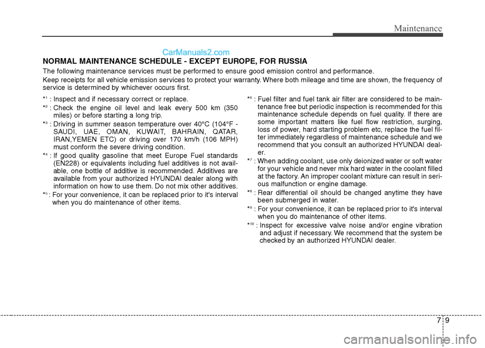 Hyundai Genesis Coupe 2013  Owners Manual 79
Maintenance
NORMAL MAINTENANCE SCHEDULE - EXCEPT EUROPE, FOR RUSSIA 
The following maintenance services must be performed to ensure good emission control and performance. 
Keep receipts for all veh