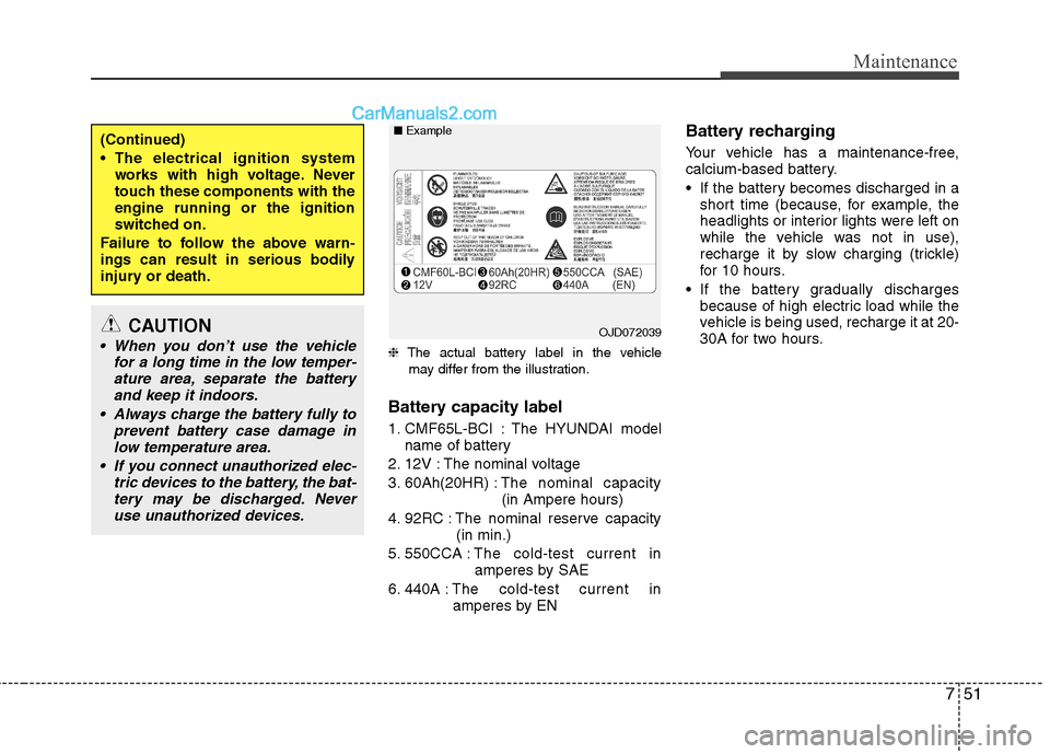 Hyundai Genesis Coupe 2013  Owners Manual 751
Maintenance
❈The actual battery label in the vehicle
may differ from the illustration.
Battery capacity label  
1. CMF65L-BCI : The HYUNDAI model name of battery
2. 12V : The nominal voltage 
3.