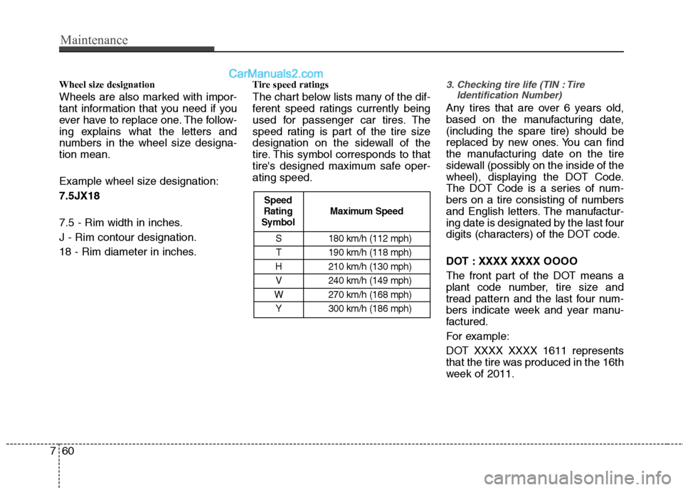 Hyundai Genesis Coupe 2013 Owners Manual Maintenance
60
7
Wheel size designation
Wheels are also marked with impor-
tant information that you need if you
ever have to replace one. The follow-
ing explains what the letters and
numbers in t Hyundai Genesis Coupe 2013 Owners Manual Maintenance
60
7
Wheel size designation
Wheels are also marked with impor-
tant information that you need if you
ever have to replace one. The follow-
ing explains what the letters and
numbers in t