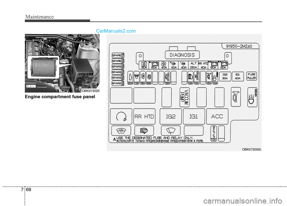 Hyundai Genesis Coupe 2013  Owners Manual Maintenance
68
7
Engine compartment fuse panel
OBK072050L
OBK072025    