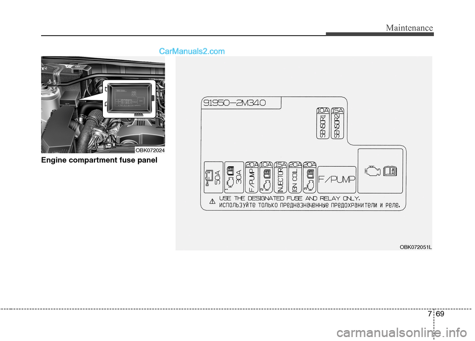 Hyundai Genesis Coupe 2013  Owners Manual 769
Maintenance
Engine compartment fuse panel
OBK072051L
OBK072024    