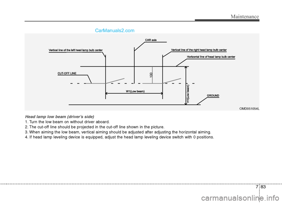 Hyundai Genesis Coupe 2013 Owners Manual 783
Maintenance
OMD051054L
Head lamp low beam (driver’s side)
1. Turn the low beam on without driver aboard.
2. The cut-off line should be projected in the cut-off line shown in the picture.
3. Wh Hyundai Genesis Coupe 2013 Owners Manual 783
Maintenance
OMD051054L
Head lamp low beam (driver’s side)
1. Turn the low beam on without driver aboard.
2. The cut-off line should be projected in the cut-off line shown in the picture.
3. Wh
