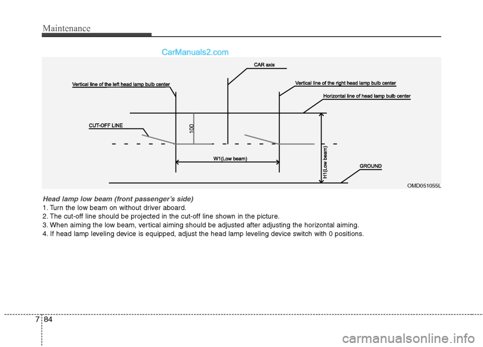 Hyundai Genesis Coupe 2013 Owners Manual Maintenance
84
7
OMD051055L
Head lamp low beam (front passenger’s side)
1. Turn the low beam on without driver aboard.
2. The cut-off line should be projected in the cut-off line shown in the pict Hyundai Genesis Coupe 2013 Owners Manual Maintenance
84
7
OMD051055L
Head lamp low beam (front passenger’s side)
1. Turn the low beam on without driver aboard.
2. The cut-off line should be projected in the cut-off line shown in the pict