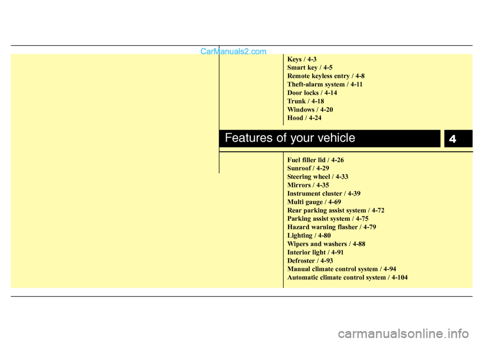 Hyundai Genesis Coupe 2013 Repair Manual 4
Keys / 4-3 Smart key / 4-5Remote keyless entry / 4-8
Theft-alarm system / 4-11
Door locks / 4-14
Trunk / 4-18
Windows / 4-20Hood / 4-24
Fuel filler lid / 4-26
Sunroof / 4-29
Steering wheel / 4-33
Hyundai Genesis Coupe 2013 Repair Manual 4
Keys / 4-3 Smart key / 4-5Remote keyless entry / 4-8
Theft-alarm system / 4-11
Door locks / 4-14
Trunk / 4-18
Windows / 4-20Hood / 4-24
Fuel filler lid / 4-26
Sunroof / 4-29
Steering wheel / 4-33