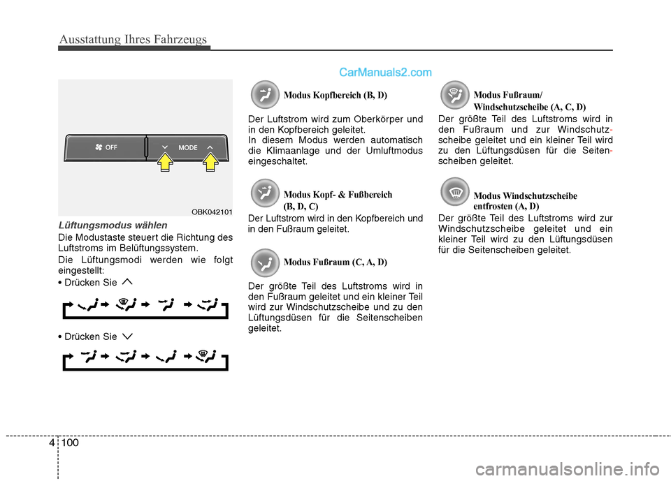 Hyundai Genesis Coupe 2013  Betriebsanleitung (in German) Ausstattung Ihres Fahrzeugs
100
4
Lüftungsmodus wählen
Die Modustaste steuert die Richtung des Luftstroms im Belüftungssystem. 
Die Lüftungsmodi werden wie folgt eingestellt: 
 

Modus Kopfbereich