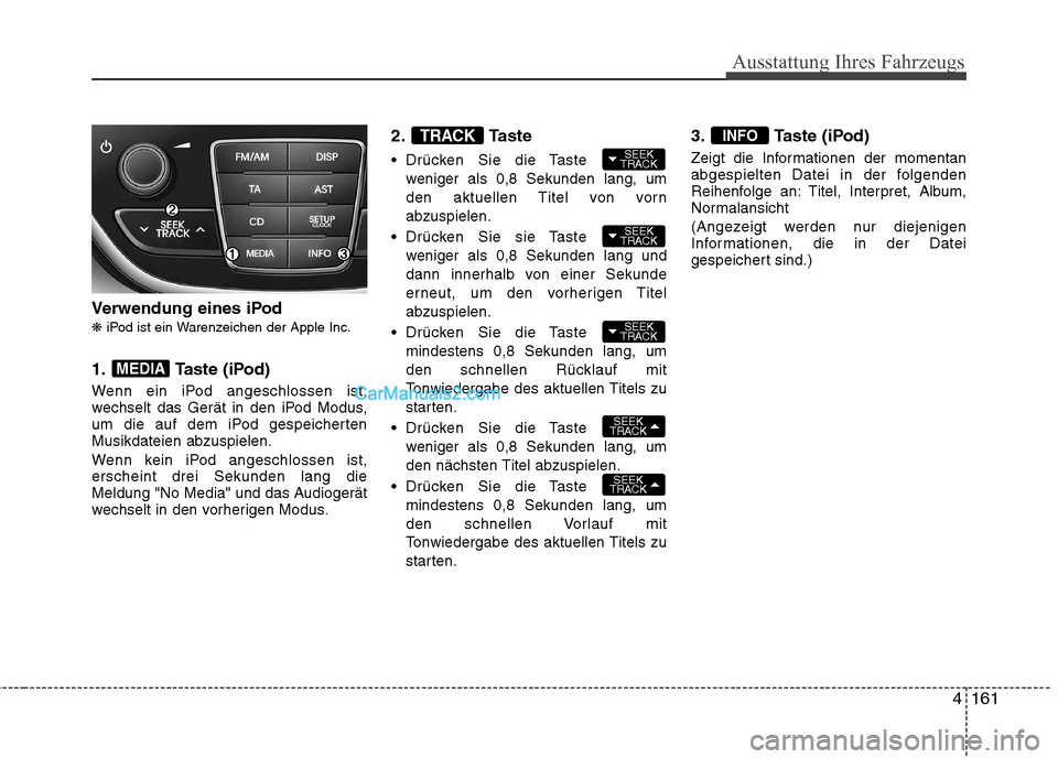 Hyundai Genesis Coupe 2013  Betriebsanleitung (in German) 4161
Ausstattung Ihres Fahrzeugs
Verwendung eines iPod ❋iPod ist ein Warenzeichen der Apple Inc.
1. Taste (iPod) 
Wenn ein iPod angeschlossen ist, 
wechselt das Gerät in den iPod Modus,
um die auf 