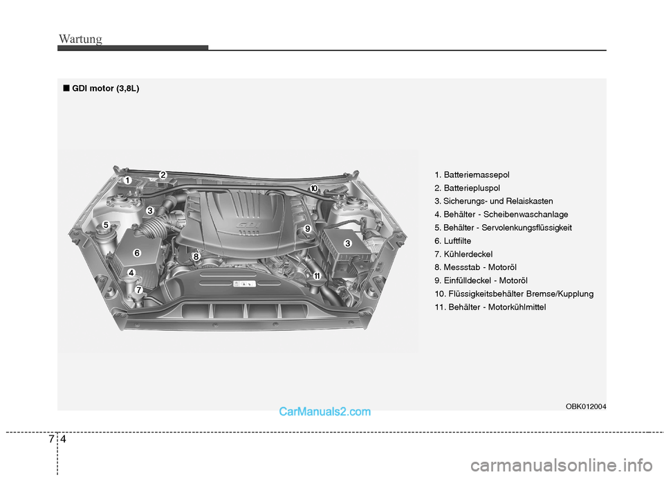 Hyundai Genesis Coupe 2013 Betriebsanleitung (in German) Wartung
4
7
1. Batteriemassepol
2. Batteriepluspol
3. Sicherungs- und Relaiskasten
4. Behälter - Scheibenwaschanlage
5. Behälter - Servolenkungsflüssigkeit
6. Luftfilte
7. Kühlerdeckel
8. Messsta Hyundai Genesis Coupe 2013 Betriebsanleitung (in German) Wartung
4
7
1. Batteriemassepol
2. Batteriepluspol
3. Sicherungs- und Relaiskasten
4. Behälter - Scheibenwaschanlage
5. Behälter - Servolenkungsflüssigkeit
6. Luftfilte
7. Kühlerdeckel
8. Messsta
