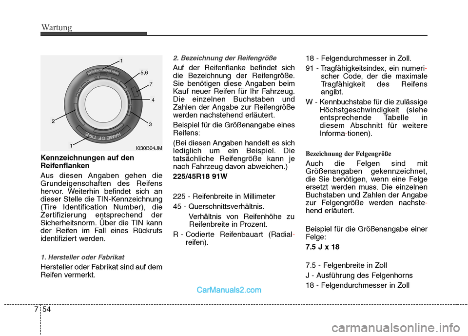 Hyundai Genesis Coupe 2013 Betriebsanleitung (in German) Wartung
54
7
Kennzeichnungen auf den
Reifenflanken
Aus diesen Angaben gehen die
Grundeigenschaften des Reifens
hervor. Weiterhin befindet sich an
dieser Stelle die TIN-Kennzeichnung(Tire Identifica Hyundai Genesis Coupe 2013 Betriebsanleitung (in German) Wartung
54
7
Kennzeichnungen auf den
Reifenflanken
Aus diesen Angaben gehen die
Grundeigenschaften des Reifens
hervor. Weiterhin befindet sich an
dieser Stelle die TIN-Kennzeichnung(Tire Identifica