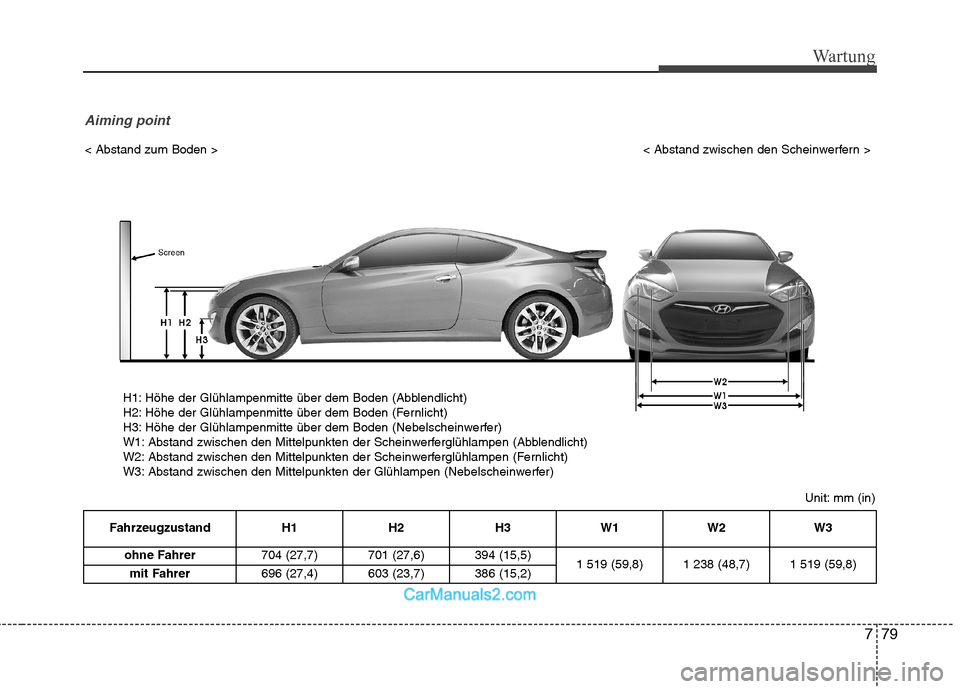 Hyundai Genesis Coupe 2013 Betriebsanleitung (in German) 779
Wartung
Unit: mm (in)
< Abstand zum Boden >
< Abstand zwischen den Scheinwerfern >
H1: Höhe der Glühlampenmitte über dem Boden (Abblendlicht)
H2: Höhe der Glühlampenmitte über dem Boden (F Hyundai Genesis Coupe 2013 Betriebsanleitung (in German) 779
Wartung
Unit: mm (in)
< Abstand zum Boden >
< Abstand zwischen den Scheinwerfern >
H1: Höhe der Glühlampenmitte über dem Boden (Abblendlicht)
H2: Höhe der Glühlampenmitte über dem Boden (F